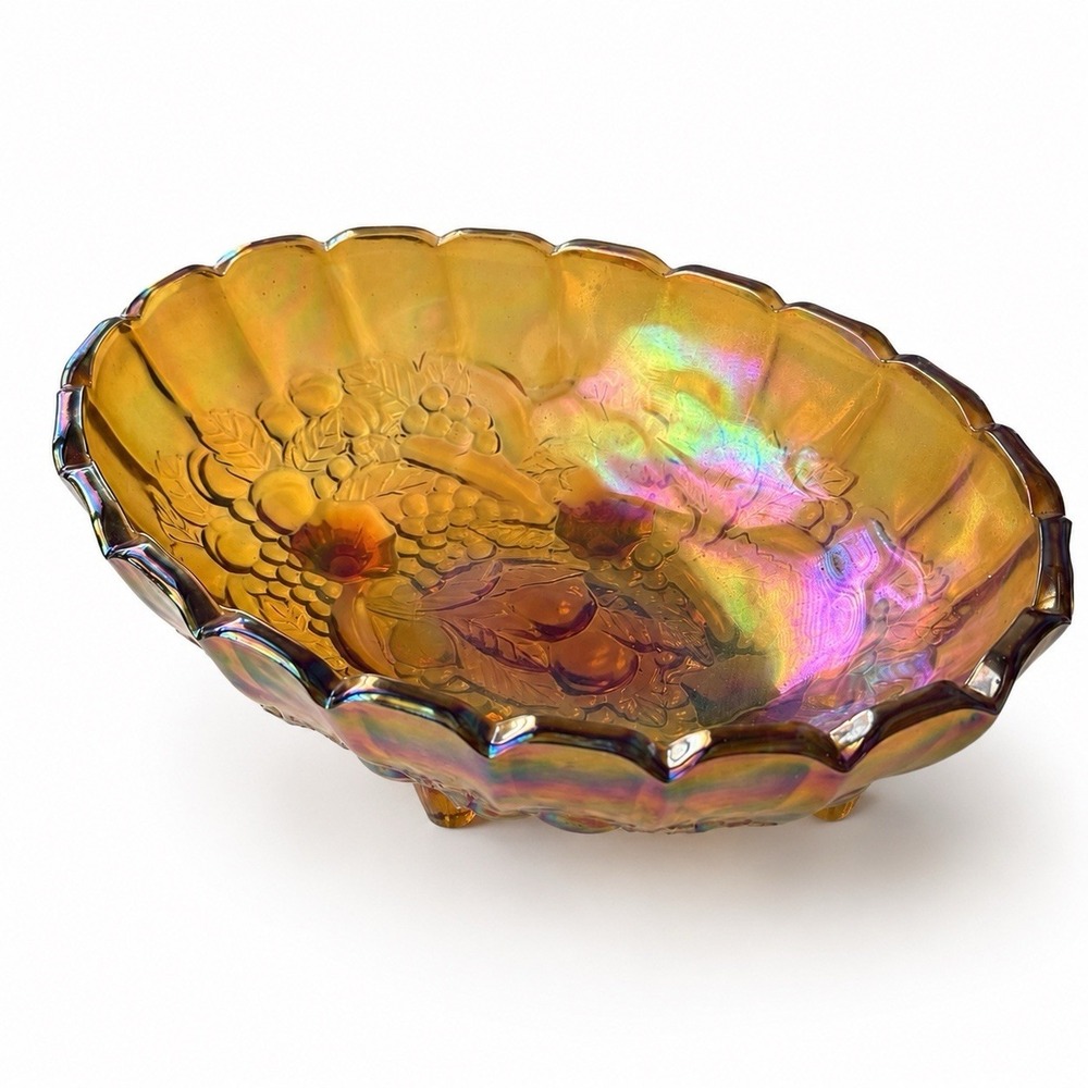 VTG Indiana Carnival Glass Footed Fruit 12" Oval Bowl Harvest Grape Iridescent